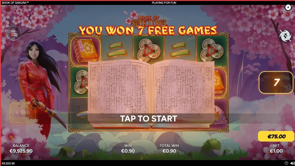 Cenário de cerejeiras em flor no slot Book of Sakura