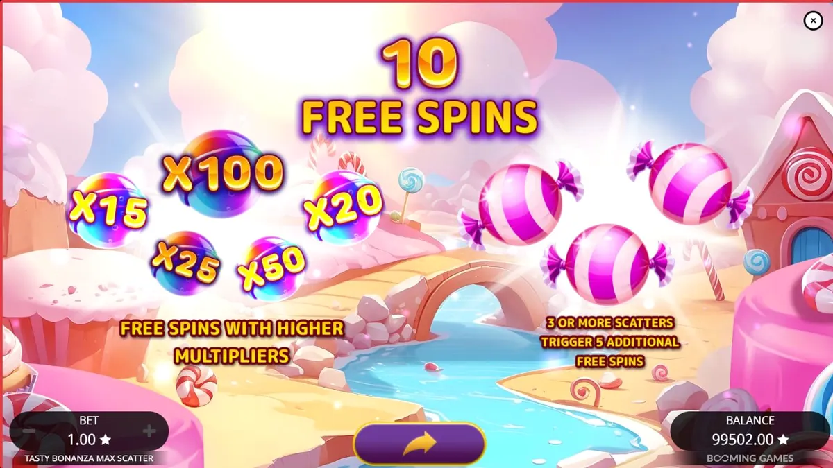 Interface colorida e vibrante do slot Tasty Bonanza Max Scatter com doces e guloseimas