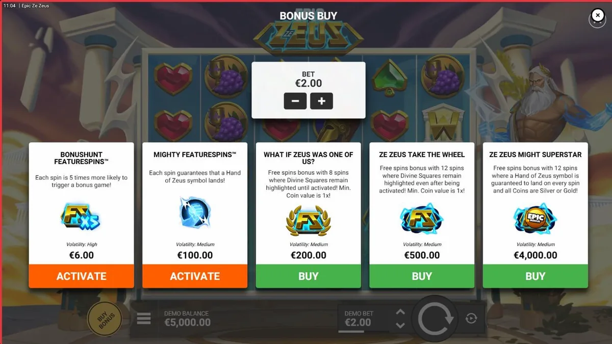 Interface do jogo de slot Epic Ze Zeus com Zeus e relâmpagos